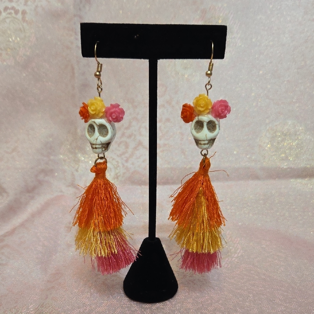 Floral Skull Tassel Earrings - Multicolor  E
